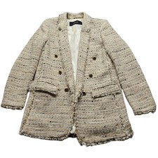 Zara Tweed Jacket Womens M Cream Long Sleeve Double Breasted Gold Crest Buttons