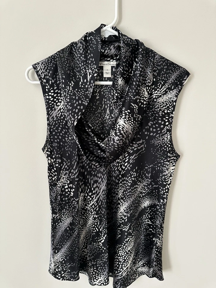 Топ женский Kenneth Cole New York размер 10 черный серый анималистический принт шелк без рукавов - Изображение 2 из 4