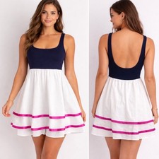 Pinkerton Tiered Tank Dress Empire Waist Navy White Pink Grosgrain Ribbon Sz L