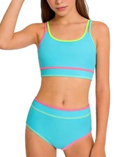 Girls Swimsuits Teen Swimsuits Color Block Adjustable Straps Halterneck Built...
