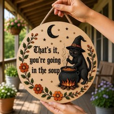 Halloween Door Hanger, Black Cat Door Sign, Vintage Halloween Decor Outdoor