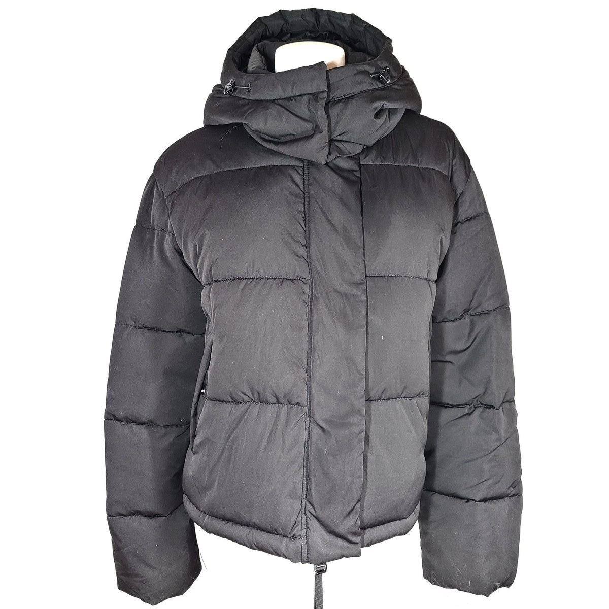 MNG Mango Women's Hooded Cropped Oversized Puffer Jacket Black Sz