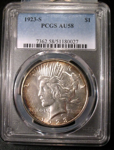 1923 S PEACE DOLLAR  PCGS AU 58 BU UNC BRIGHT LUSTROUS SILVER $1 TONED