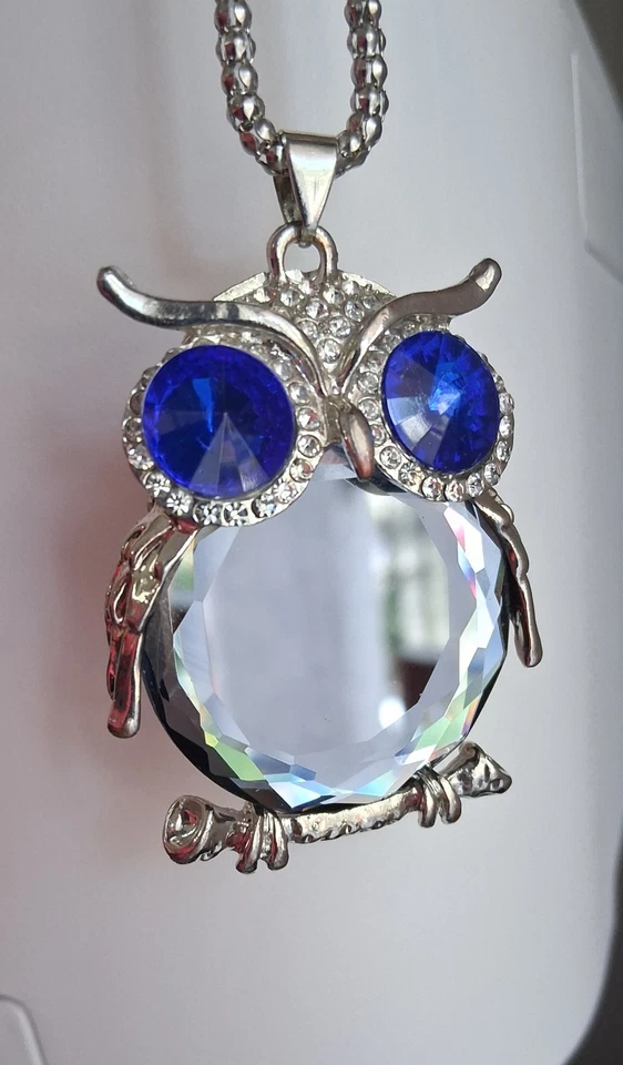 Collar lindo! Espejo gordito Betsey Johnson, ojos de cristal azul búho, cadena larga Foto 2 de 4