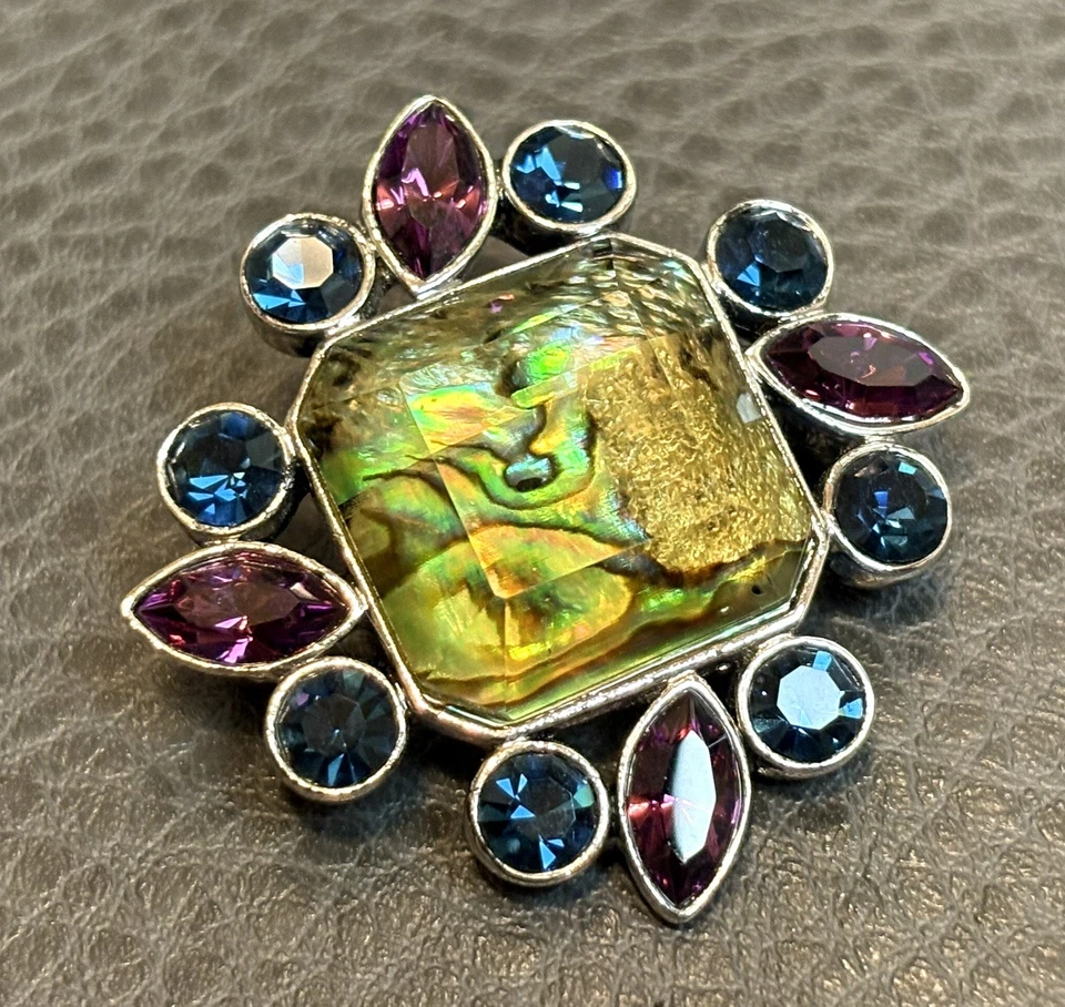 Broche prendedor joyería vintage de cristales de corte azul púrpura concha de abulón de Lia Sophia Foto 3 de 4