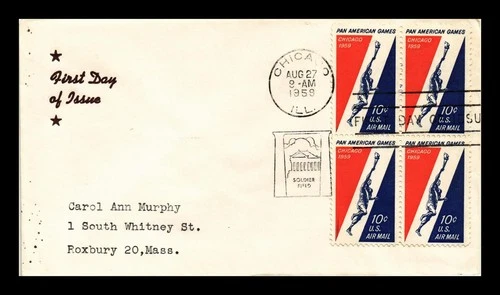 US COVER PAN AMERICAN GAMES CHICAGO AIR MAIL FDC SCOTT C56 BLOCK OF 4