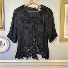 Vintage Silk Black Beaded Top Size Medium Sheer Gatsby Showgirl MCM 20s Glam