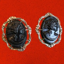 Antique Late Victorian Molded Basalt Cameo Clip Earrings Pair Prong Set 1890s