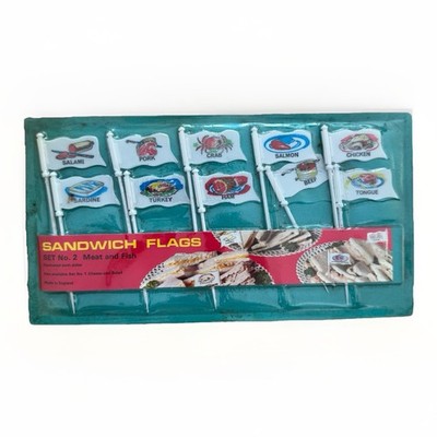 Vintage Sandwich Flaggen Kitsch Retro Etiketten Sticks 1960 s Sealed Meat & Fish