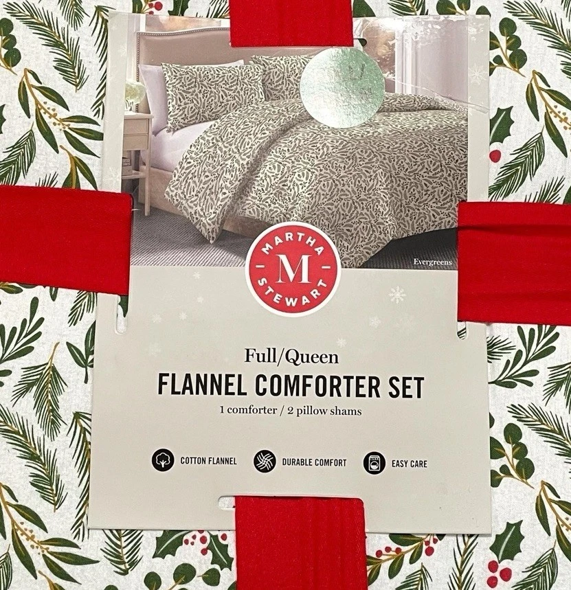 Juego de edredón de franela Martha Stewart FULL QUEEN Holly & Ivy 3 piezas 100 % algodón NUEVO Foto 3 de 4