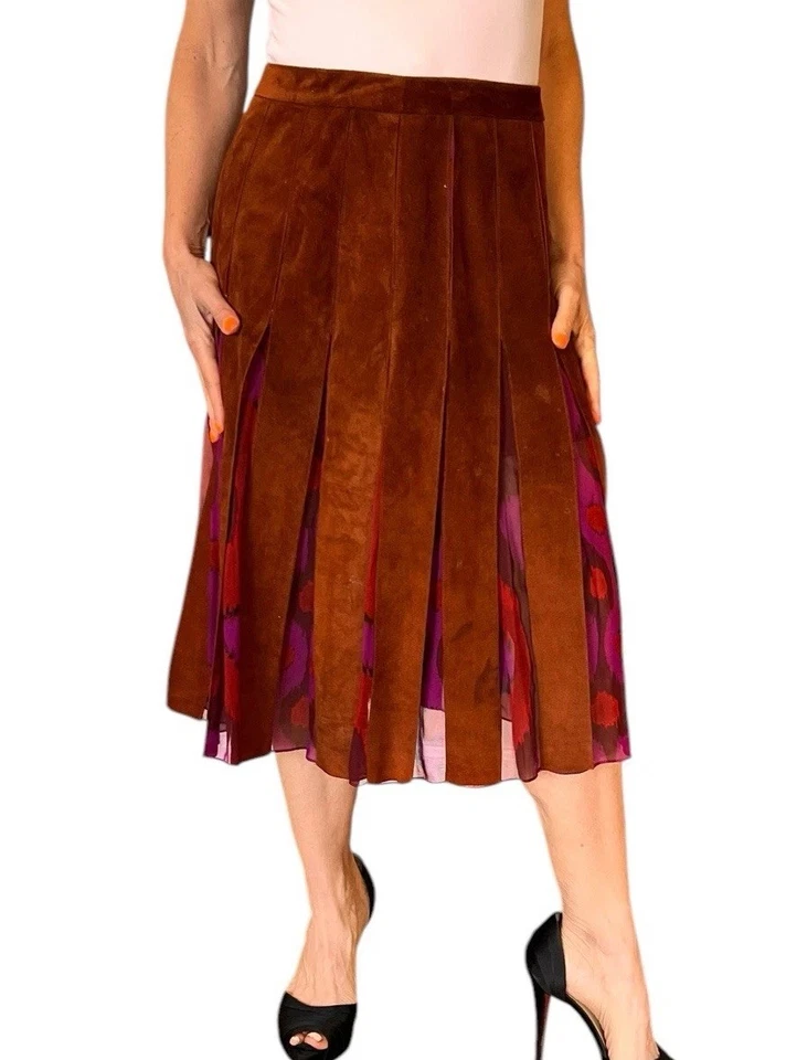 DIANE VON FURSTENBERG Melita замшевая шелковая вставка трапециевидная юбка миди виски коричневый 8 - Изображение 3 из 4