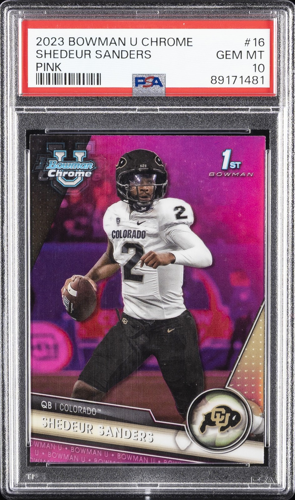 2023 BOWMAN UNIVERSITY CHROME PINK REFRACTOR #16 SHEDEUR SANDERS PSA 10