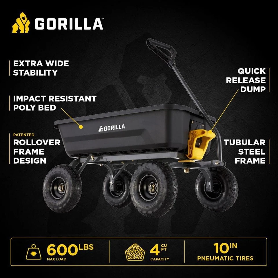 Carro de volteo de polietileno de 4 ruedas Gorilla Carts 24" dirección de giro cero capacidad 600 lb Foto 2 de 4