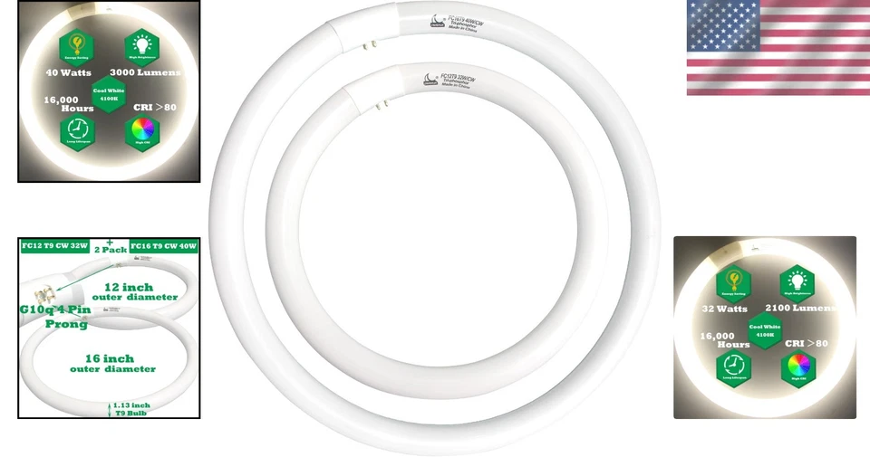 Set of 12" & 16" Round Fluorescent Light Bulbs, 4100K Cool White Illumination - Image 2 of 4