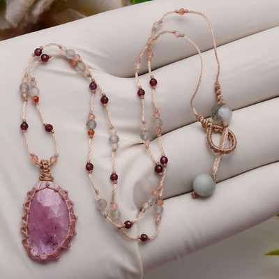 Handmade Natural Ruby Gemstone Beaded Macrame Healing Crystal Reiki Necklace