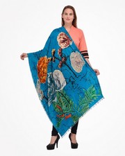 Bamanis Merino Wool Silk Scarf Wrap Shawl 28x86 Teal Floral Made in India