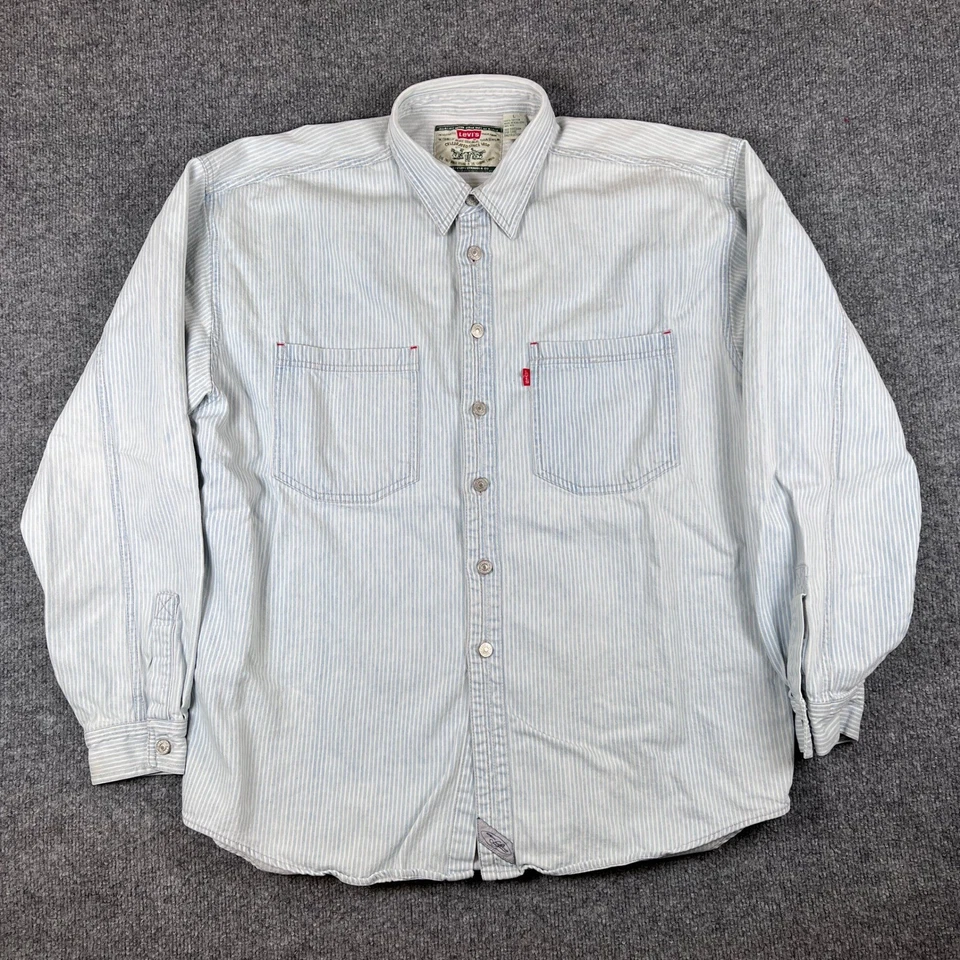 Vintage Levis Hickory Stripe Shirt Mens L Blue White Metal Buttons Engineer 90s - Image 2 of 4