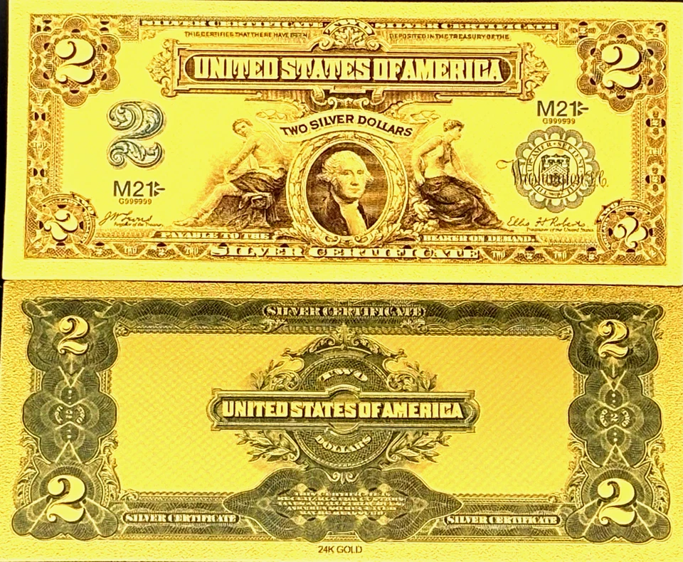 1899 $2 SILVER CERTIFICATE BILL US BANKNOTE WITH COA SLEEVE 99.9% 24K GOLD - Image 3 of 4