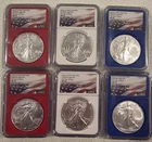 Sets- 25 & 26 (W) $1  (6) 1-oz American Silver Eagle  MS70 FDI Red White & Blue