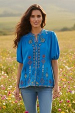 Johnny Was Biya Blue Jacinta Silk Shirt B17325-2