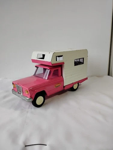 Vintage 1960's Tonka Jeep Camper Pink Pressed Steel Truck and Camper
