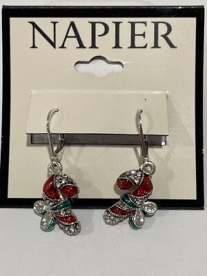 Napier Christmas Candy Cane Drop Earrings Silver Tone Red