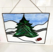 Vintage Stained Glass Art Window Sun Catcher Christmas Tree Snow Handmade 13 X10