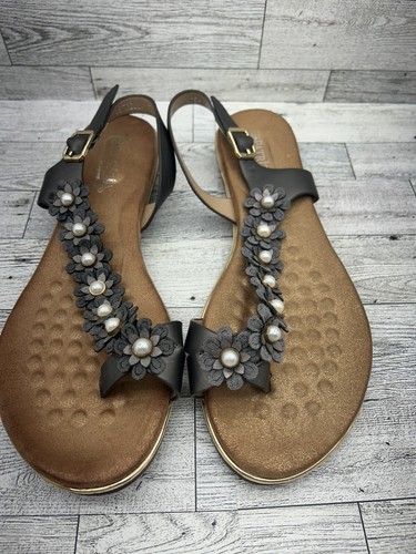 Patrizia Sandal Womens 9 Pewter Setrella Toe Loop Flower Pearl Studded Slingback - Picture 8 of 12