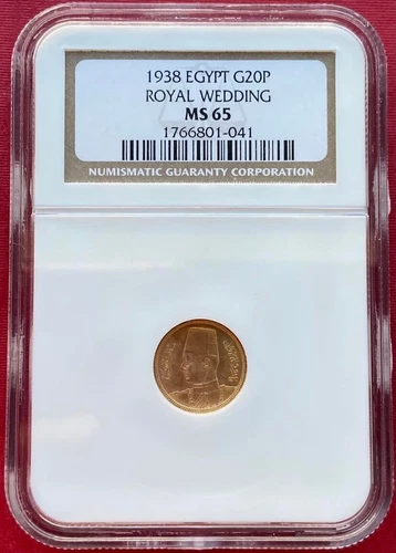 EGYPT , GOLD 20 PIASTRES KING FAROUK 1938  NGC MS 65 ,, RARE13
