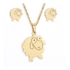 Stainless Steel Set Pendant Necklace Stud Earrings Lobster Sheep Gold 17" A427