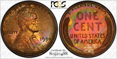 1950 PROOF LINCOLN CENT PCGS PR65RB GORGEOUS DUAL SIDED RAINBOW TONER
