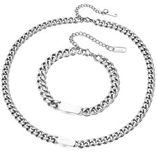 Men's Hip Hop Titanium Steel Miami Cuban Curb Link Chain Necklace Bracelet Set