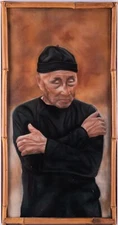 Original Portrait China ASIAN MAN IN CONTEMPLATION Pastel Painting on Velvet