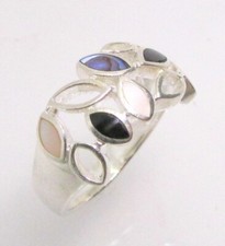 925 Sterling Silver Mother of Pearl Abalone Onyx Leaf Design Ring Size 7 -4.4g