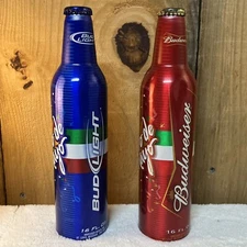 Lot of 2 Cinco de Mayo Aluminum Bottles Bud Light Blue Budweiser Red