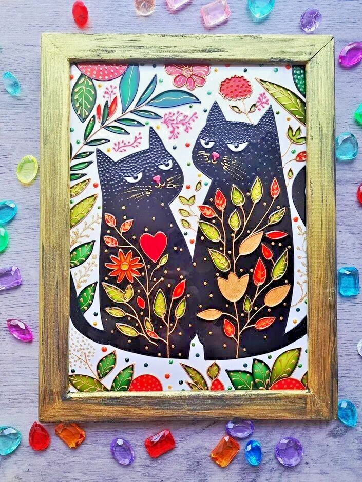 Stained glass painting Pair of cats Wedding gift Unique modern wall decor