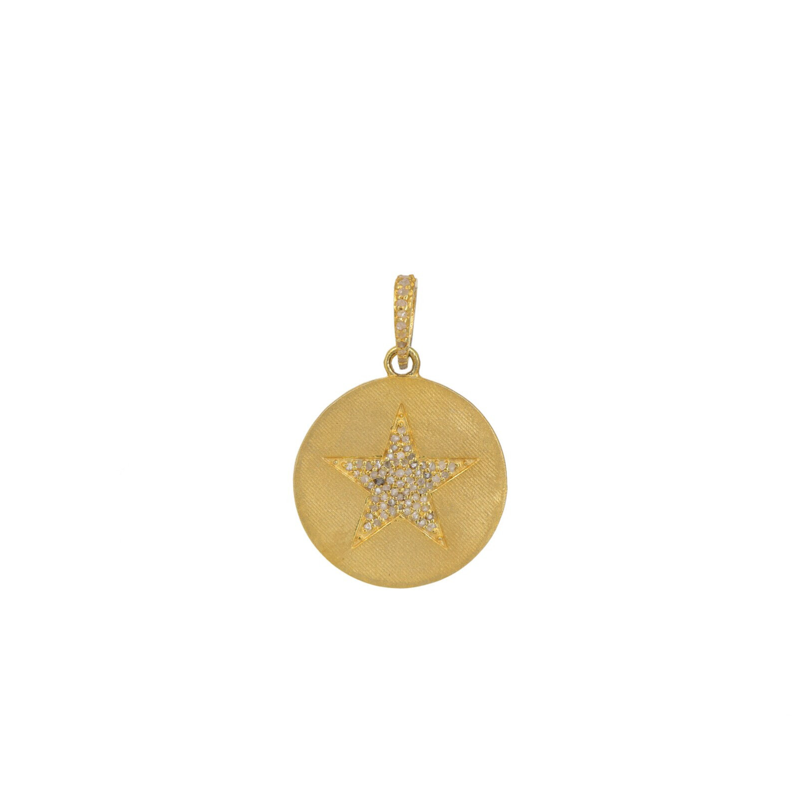 1 Pc Pave Diamond Round Star Pendant, 925 Sterling Silver, Gold Plated Pendant