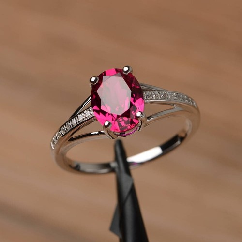 925 Sterling Silver Pink Ruby Oval Ring Lab Created Gemstone Women Minimal Ring