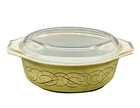 Pyrex 1962 Sage Green/Gold Scroll Oval Casserole w/Lid 1 1/2 Qt. Vintage EUC
