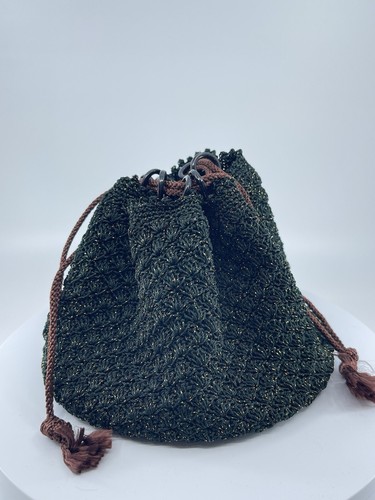 Hand woven knitted tote bag purse drawstring green black brown gold color accent