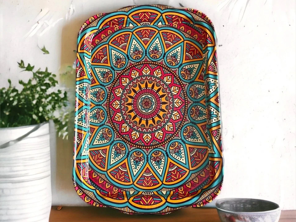 Colorful Metal Tray, 12.25" x 8.5" Decorative Coffee / Tea Serving Tray, Turkish - Image 2 of 4