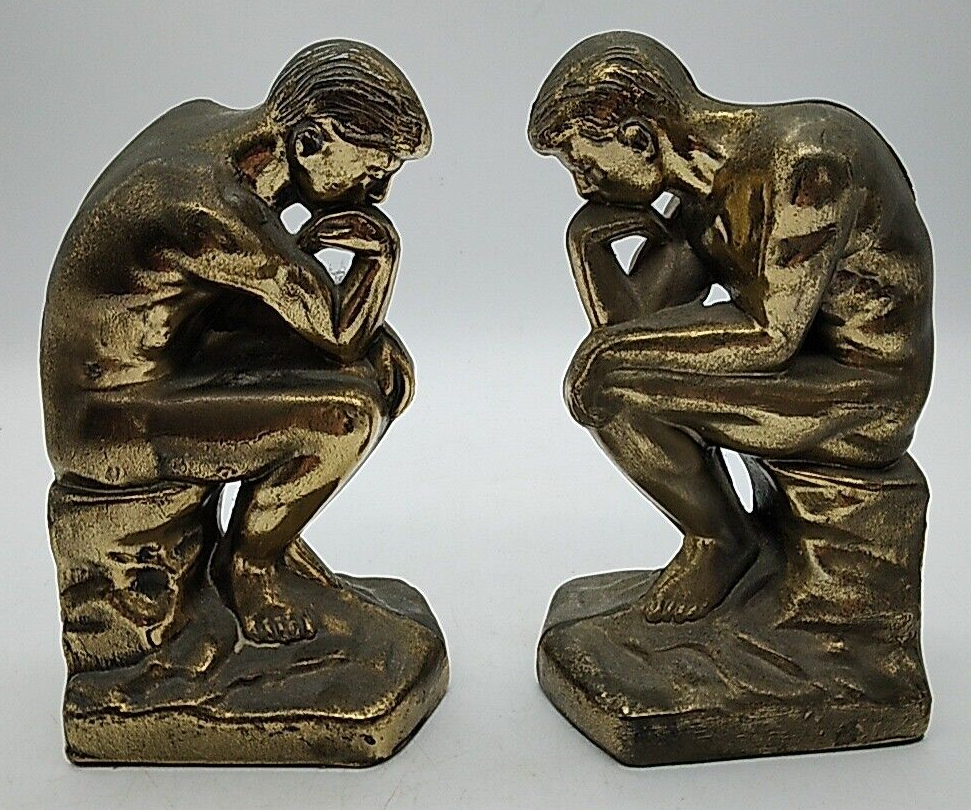 Bookends Rodin's THE THINKER Brass Gold Metal Vintage MCM 7" Tall Pair