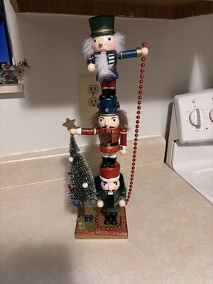 Three Wooden Nutcracker Totem Tower Stack With Tree 18 
