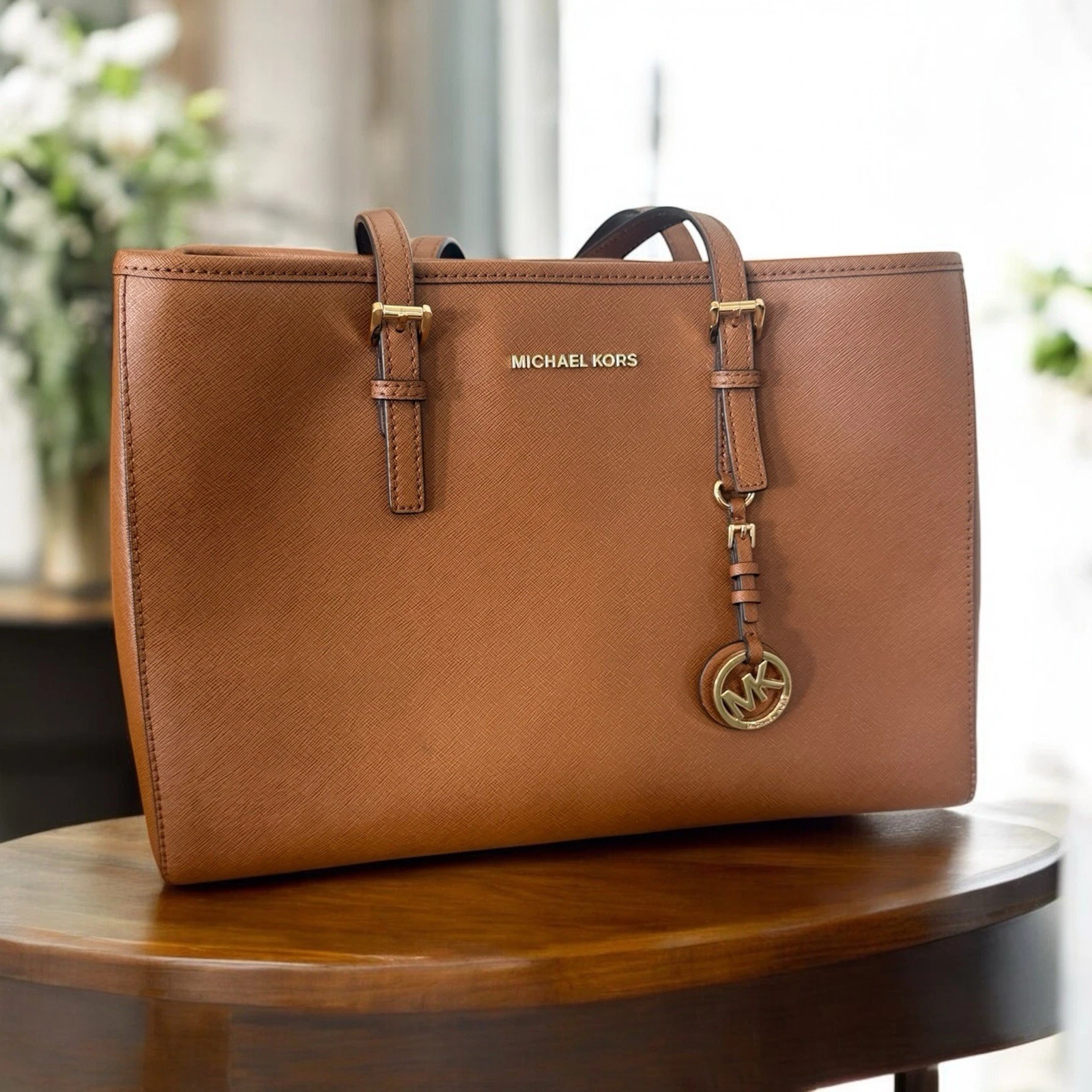 Michael Kors Designer Brown Leather Jet Set Tote Handbag