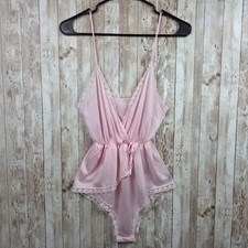 Vintage Teddy Pink Satin Nylon Lace One Piece Hi Cut V-Neck SIze 32 Cinch Waist