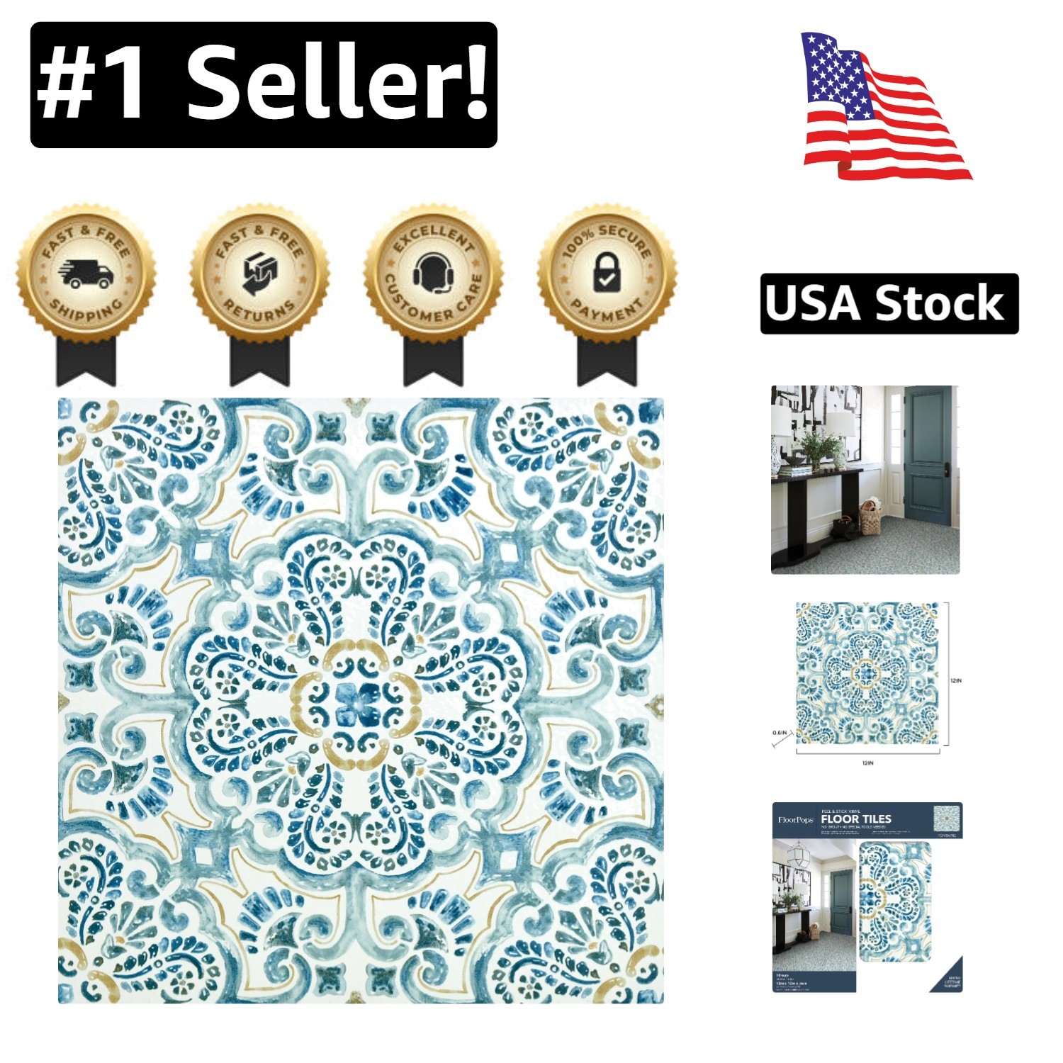 Elegant Water-Resistant Blue Vinyl Peel & Stick Tiles - 10 Pack 12x12 Inches