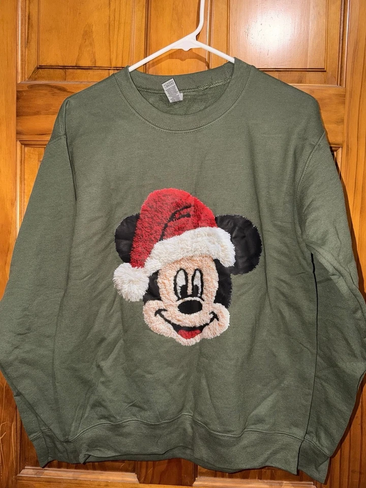 Disney Santa Mickey Mouse Christmas Crewneck Sweatshirt Olive Green - Small - Image 1 of 1