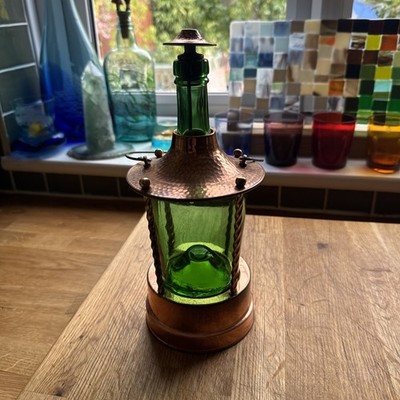 Vintage Kupfer Grün Glas Karaffe Laterne Made in Germany Spieluhr Spieluhr  