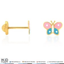 Kids 14K Yellow Gold Pink  Blue Enamel Butterfly Screw Back Stud Earrings