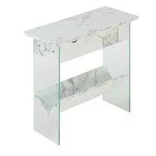 Pemberly Row Electric Flip Top End Table - White Faux Marble Wood w/ Clear Glass